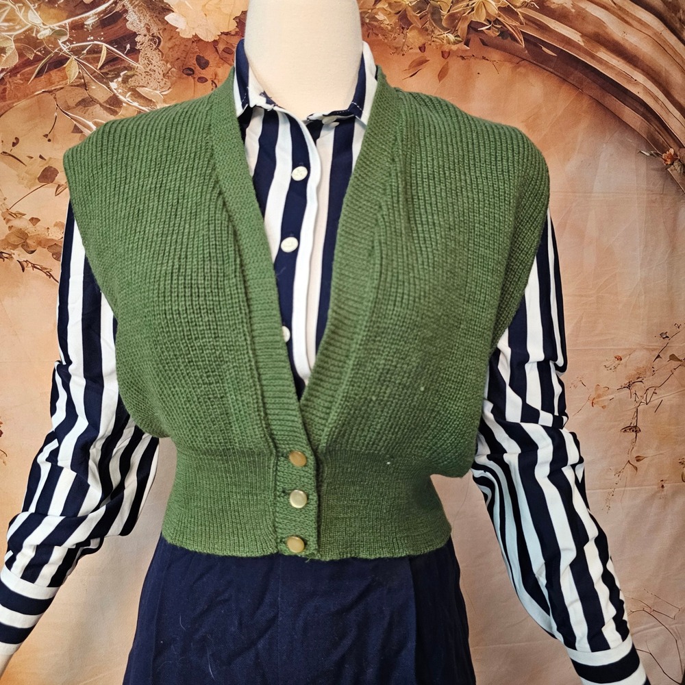 Vintage 1950s Olive Green Virgin Wool Cropped Sweater Vest Ribbed V-Neck